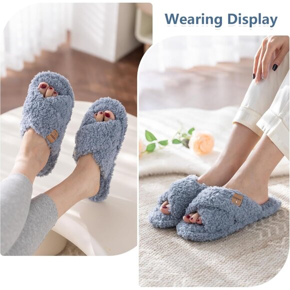 ⚡Women’s Blue Faux Fur Cozy Fuzzy Cross Band Slippers Indoor House Shoes - Picture 2 of 6